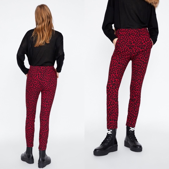 Zara Leopard Animal Print Red Black Skinny Pants - Picture 7 of 9